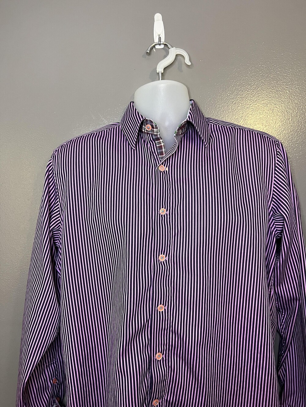 Robert Graham Shirt Mens Medium Purple Stripe Button Front Embroidered Cuff